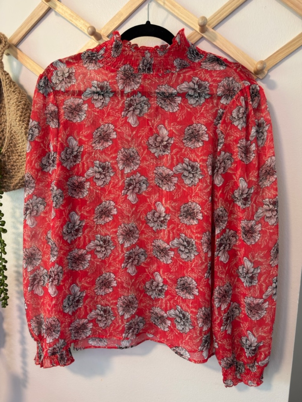 Meadow Rue Anthropologie Red Floral Sheer Blouse 10 Smocked Mock Neck Metallic